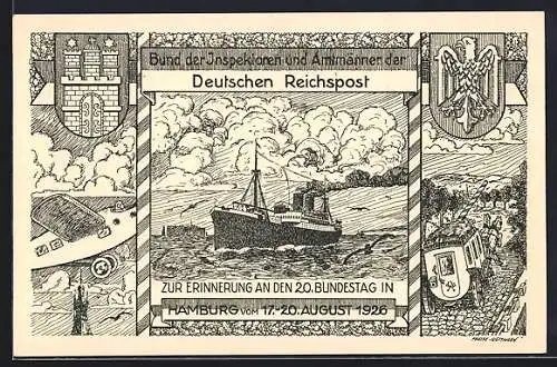 Lithographie Hamburg, 20. Bundestag des Bundes der Inspektoren und Amtmänner der Deutschen Reichspost, Festpostkarte