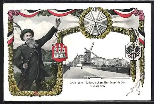 AK Hamburg, XVI. Deutsches Bundesschiessen 1909, Heiligengeistfeldmühle an der Feldstrasse, Alter Schütze