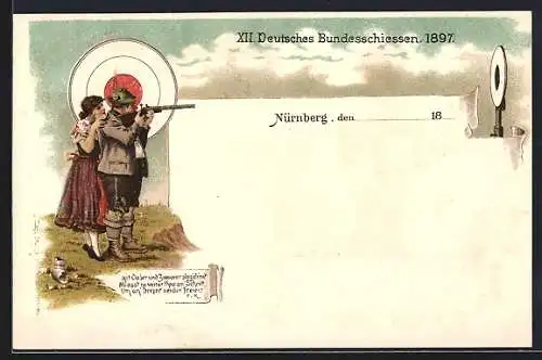 Lithographie Nürnberg, XII. Deutsches Bundesschiessen 1897, Schütze wird von einem Mädchen umgarnt