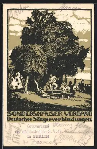 Künstler-AK Sondershauser Verband Deutscher Sängerverbindungen, Musikanten auf einer Wiese