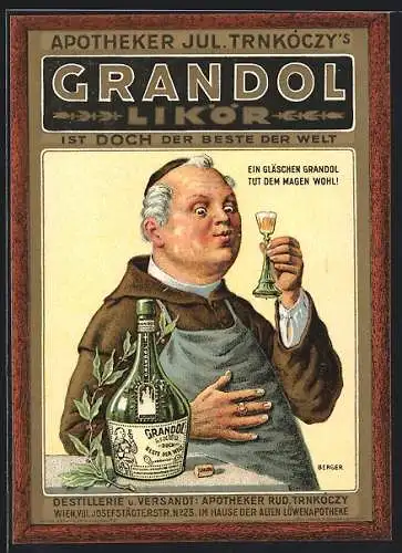 Künstler-AK Reklame für Apotheker J. Trnkóczy`s Grandol Likör aus Wien