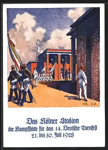 Künstler-AK Köln, 14. Deutsches Turnfest 1928, Turner im Stadion