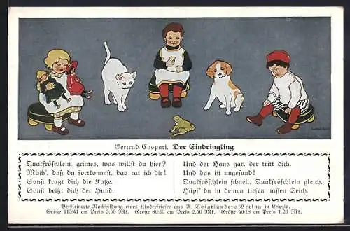 Künstler-AK Gertrud Caspari: Der Eindringling, Kinder mit Frosch, Hund und Katze