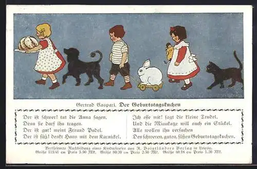 Künstler-AK Gertrud Caspari: Mädchen trägt den Geburtstagskuchen, dahinter Hund, Katze und zwei weitere Kinder