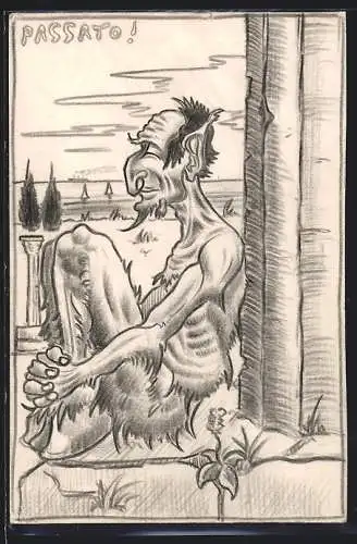 Künstler-AK Handgemalt sign. Franz Dworschak: Ein Faun lehnt an einer alten Säule