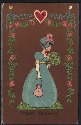 Präge-AK Dame mit Blumenstrauss und Rosenrahmen auf einem Lebkuchen