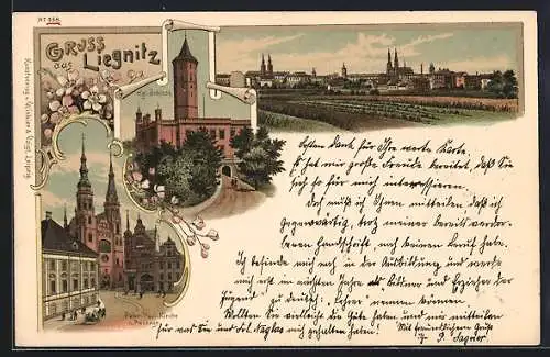 Lithographie Liegnitz, Peter-Paul-Kirche und Passage, Kgl. Schloss, Ortsansicht