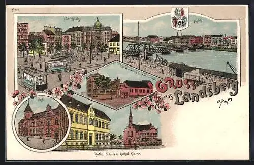 Lithographie Landsberg, Am Wall, Marktplatz, Katholische Schule und Kirche, Wappen