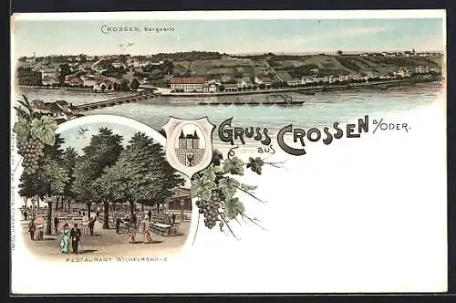 Lithographie Crossen a. Oder, Restaurant Wilhelmshöhe, Aussenbereich, Ortsansicht