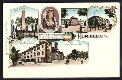 Lithographie Hüningen i. E., Schulhaus, Nordfront des Kaiser Wilhelm Platzes