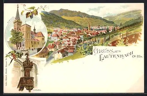 Lithographie Lautenbach Ob. Els., Ortsansicht, Kirche und Kanzel