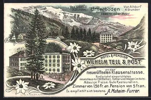 Lithographie Urnerboden, Hotel & Pension Wilhelm Tell & Post, Bes. A. Muheim-Furrer