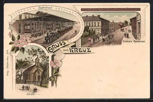 Lithographie Kreuz, Bahnhof mit Bahnsteig, Strehses Restaurant