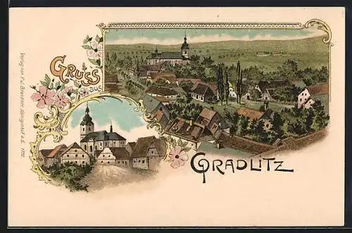 Lithographie Gradlitz, Blick zur Kirche, Ortsansicht