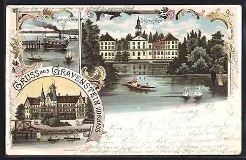 Lithographie Gravenstein, See mit Boot am Schloss, Landungsbrücke, Kurhaus