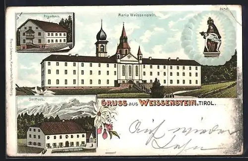 Lithographie Deutschnofen, Wallfahrtsort Maria Weissenstein, Pilgerhaus mit Gasthaus