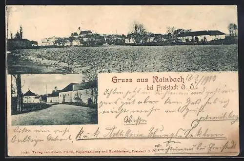 AK Rainbach bei Freistadt, Strassenpartie, Ortsansicht vom Feld aus