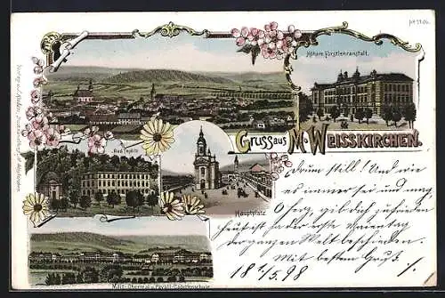 Lithographie M. Weisskirchen, Hotel Bad Teplitz, Höhere Forstlehranstalt, Hauptplatz