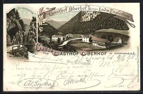 Lithographie Nasswald, Gasthof Oberhof, Saurüsselbrücke