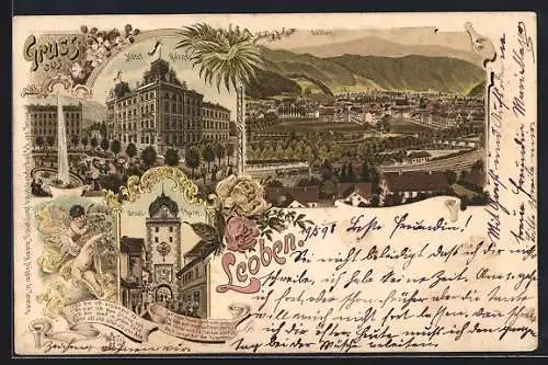 Lithographie Leoben, Hotel Gärner, Stadtturm, Panorama