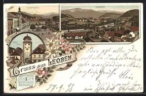 Lithographie Leoben, Hauptplatz mit Denkmal, Stadtthurm, Ortsansicht