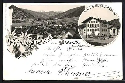 Lithographie Fügen i. Zillerthal, Gasthof zum goldenen Stern, Ortsansicht