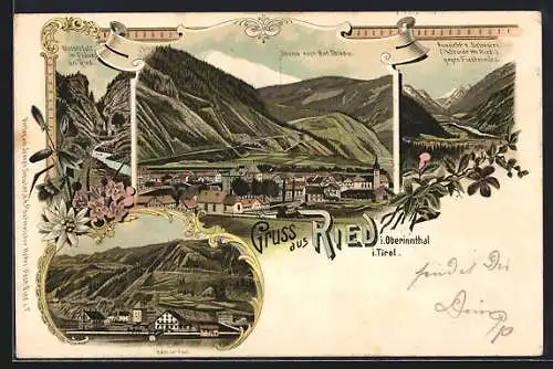 Lithographie Ried /Oberinntal, Ortsansicht mit Hotel zur Post