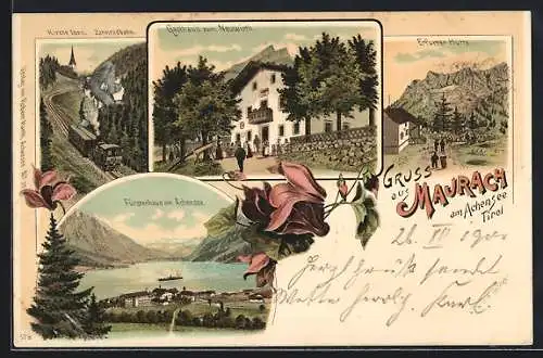 Lithographie Maurach am Achensee, Kirche Eben Zahnradbahn, Gasthaus zum Neuwirth und Erfurter Hütte