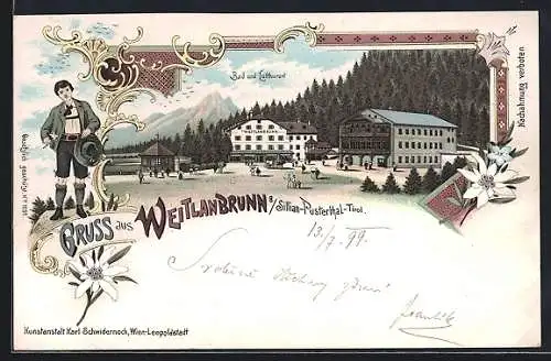 Lithographie Sillian /Pusterthal, Gasthaus Bad und Luftkurort Weitlanbrunn, Gesamtansicht