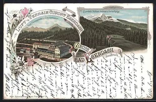 Lithographie Innsbruck, Bad Egerdach, Kurhaus aus der Vogelschau, Schloss Ambras & Gerlos Spitze