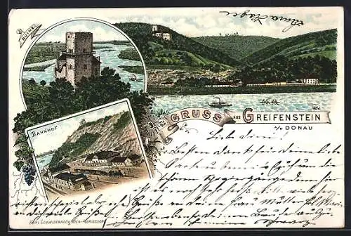 Lithographie Greifenstein a. Donau, Blick auf den Bahnhof, Ruine und Donautal