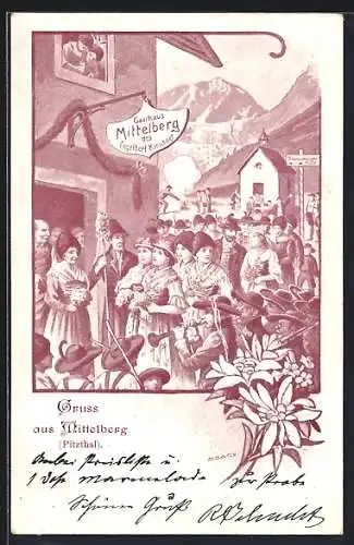 Künstler-AK Mittelberg /Pitzthal, Gasthaus Mittelberg des Engelbert Kirschner während einer Feier