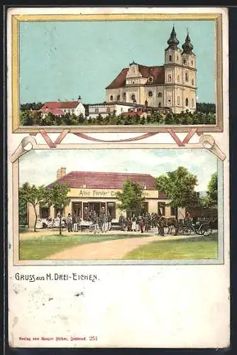 Lithographie Rosenburg-Mold, Maria Drei-Eichen, Alois Förster`s Café, die Wallfahrtskirche