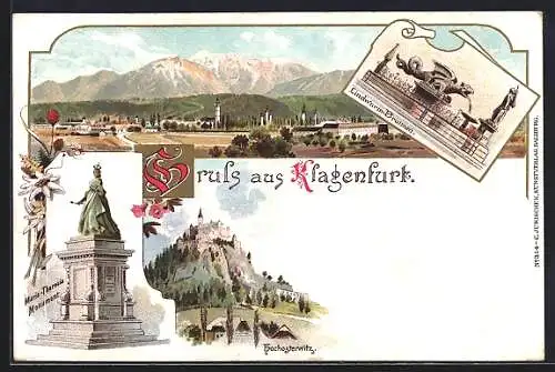 Lithographie Klagenfurt, Maria Theresia-Monument, Lindwurm-Brunnen und Hochosterwitz