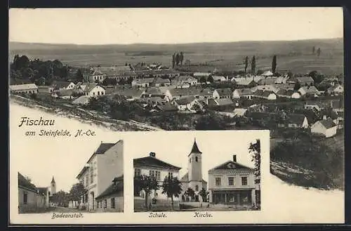 AK Fischau a. S., Badeanstalt, Schule neben der Kirche