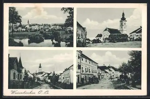 AK Waizenkirchen, verschiedene Strassenansichten, Ortsansicht von See aus, Platz mit Kirche