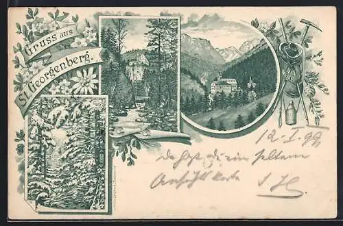 Lithographie Stans, Kloster St. Georgenberg, Bergsteiger-Ausrüstung