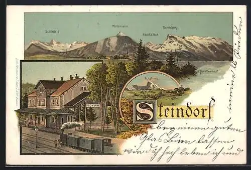 Lithographie Strasswalchen, Steindorf, Bahnhof mit Eisenbahn, Totalansicht mit Berglandschaft