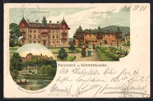 Lithographie Neuhaus im Wienerwald, Hotel Stephanie, Teich am Schloss