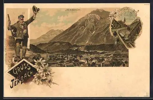 Lithographie Jenbach, Bergsteiger mit Wanderstock, Kirche Eben mit Zahnradbahn