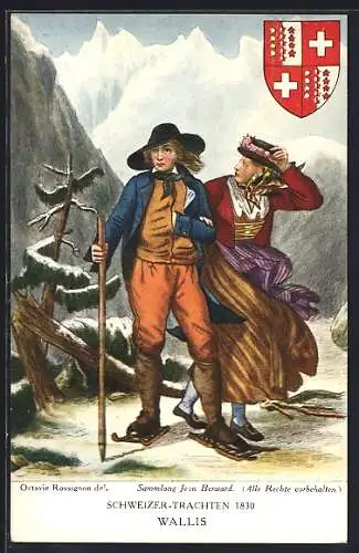 AK Paar in Tracht des Kantons Wallis im Gebirge, Wappen, Schweizer Trachten 1830