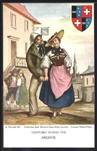 Künstler-AK Argovie, Costumes Suisses 1830, Wappen