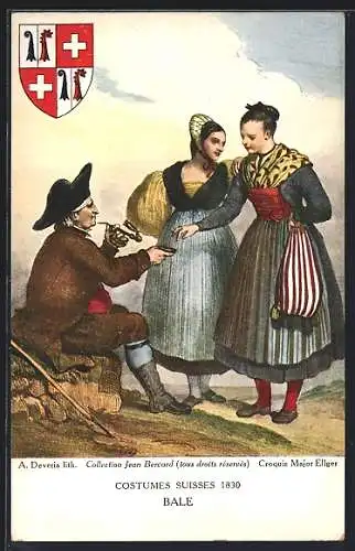 Künstler-AK Bale, Costumes suisses 1830, Mann mit Tabakpfeife und zwei Frauen in Tracht