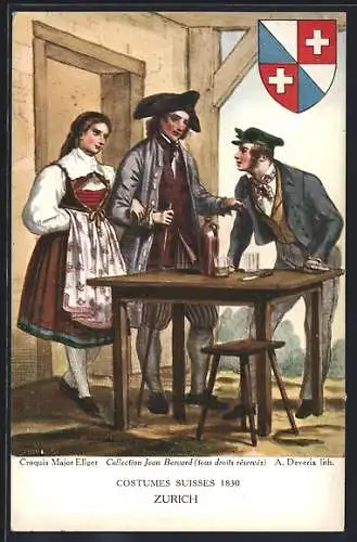 AK Schweizer Trachten, 1830, Männer und Frau aus Zürich