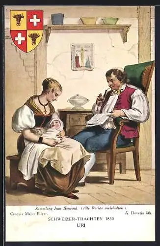 AK Paar in Trachten des Kantons Uri mit Säugling, Wappen, Schweizer Trachten 1830