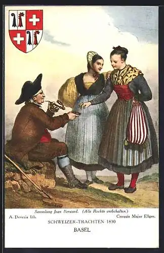 Künstler-AK Bale, Costumes suisses 1830, Mann mit Tabakpfeife und zwei Frauen in Tracht