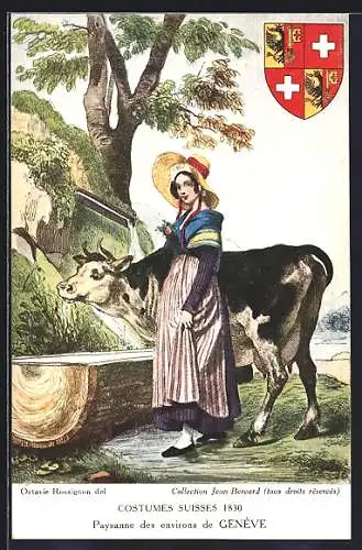 AK Schweiz, Paysanne des environs de Genève, Frau in Genfer Tracht mit Kuh, Wappen