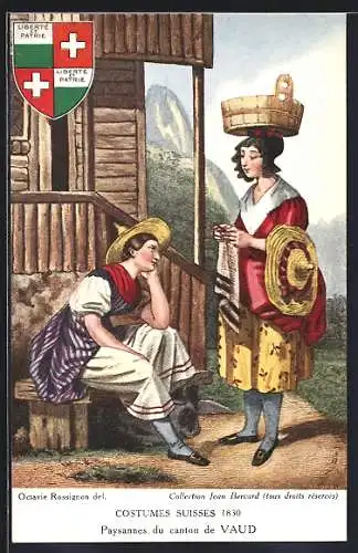 AK Bäuerinnen in Trachten des Kantons Waadt, Wappen, Schweizer Trachten 1830