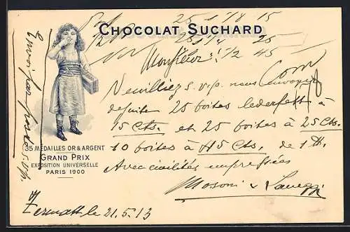 AK Grand Prix Paris 1900, Mädchen mit Chocolat-Suchard, 35 Mèdailles Or & Argent