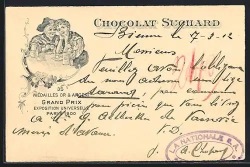 AK Grand Prix Paris 1900, Ein Paar mit Chocolat-Suchard, 35 Mèdailles Or & Argent